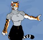  anthro bottomwear breasts cerebropodrido clothing denim denim_clothing esmeralda_(cerebro) felid female fur jeans mammal orange_body orange_fur outstretched_arm pantherine pants simple_background solo standing stripes sweater tiger topwear turtleneck_sweater white_body white_fur 