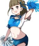  1girl blue_ribbon blue_shirt blue_skirt brown_hair center-flap_bangs cheerleader commentary_request cowboy_shot crop_top hair_bun hair_ribbon highres hokkaido_nippon-ham_fighters holding holding_pom_poms kachimachi_kosuzu llb long_hair love_live! love_live!_hasu_no_sora_jogakuin_school_idol_club miniskirt navel pleated_skirt pom_pom_(cheerleading) ribbon shirt short_sleeves simple_background single_side_bun skirt solo stomach virtual_youtuber white_background 