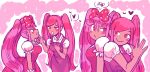 2girls :d :o \||/ annoyed arms_at_sides back-to-back bare_arms blush bow breasts buttons clenched_teeth closed_mouth collared_shirt commentary cowboy_shot dark-skinned_female dark_skin dot_nose double-parted_bangs double_\||/ dress dual_persona frilled_sleeves frills grin hair_between_eyes hair_bow half-closed_eye hand_on_another's_chin hand_on_own_chest hands_up heart highres long_hair multiple_girls omori osulan own_hands_together parted_lips perfectheart_(omori) pinafore_dress pink_background pink_bow pink_dress pink_eyes pink_hair pink_theme polka_dot polka_dot_bow puffy_short_sleeves puffy_sleeves raised_inner_eyebrows shirt short_sleeves sideways_glance simple_background sleeveless sleeveless_dress small_breasts smile sparkle_background spoken_heart spoken_squiggle squiggle standing sweetheart_(omori) swept_bangs tareme teeth twintails two-tone_background uneven_eyes untranslatable_commentary upper_body v-shaped_eyebrows very_long_hair white_background white_shirt 