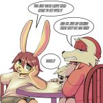 1:1 2026 anthro barry_(don't_eat_the_neighbours) bottomwear brother_(lore) brothers_(lore) buckteeth canid canine canis chair clothing dialogue digital_media_(artwork) don't_eat_the_neighbours english_text fangs female fur furniture green_bottomwear green_clothing green_eyes green_shorts group hair hat headgear headwear hi_res jacket lagomorph leporid littledemo0n lucy_(don't_eat_the_neighbours) male mammal orange_clothing orange_jacket orange_topwear rabbit red_clothing red_hair red_hat red_headwear shirt shorts sibling_(lore) simon_(don't_eat_the_neighbours) table teeth text topwear trio white_clothing white_shirt white_topwear wolf yellow_body yellow_fur