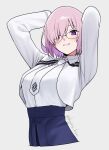  1girl blush breasts cropped_jacket fate/grand_order fate_(series) glasses grin hair_over_one_eye jacket kiya_hajime large_breasts long_sleeves looking_at_viewer mash_kyrielight mash_kyrielight_(chaldea_uniform) necktie pink_hair purple_eyes short_hair smile solo white_jacket 