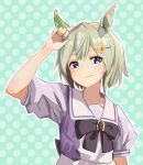  1girl animal_ears blue_eyes bow bowtie closed_mouth commentary_request ear_covers flower grey_hair hair_between_eyes hair_flower hair_ornament hairclip highres horse_ears horse_girl looking_at_viewer puffy_short_sleeves puffy_sleeves purple_bow purple_bowtie purple_shirt sailor_collar sailor_shirt school_uniform seiun_sky_(umamusume) shirt short_hair short_sleeves single_ear_cover skirt smile solo sunflower sunflower_hair_ornament tracen_school_uniform umamusume white_sailor_collar white_skirt yoojp 