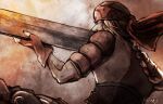  1boy absurdres artist_name blonde_hair blood brown_gloves dickson_(xenoblade) fingerless_gloves gloves headband highres holding holding_weapon male_focus red_headband signature solo standing toosut0 watermark weapon xenoblade_chronicles_(series) xenoblade_chronicles_1 