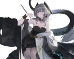  1girl aqua_eyes arknights bare_shoulders black_dress black_wings breasts chinese_commentary commentary_request dress earrings feet_out_of_frame grey_hair head_wings highres ho'olheyak_(arknights) ho'olheyak_(carriage_of_the_winds_of_time)_(arknights) jewelry jiuxiaoshi large_breasts long_hair looking_at_viewer official_alternate_costume simple_background sleeveless sleeveless_dress smile snake_girl snake_tail solo strapless strapless_dress tail teeth white_background wings 