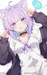  1girl :d ahoge animal_collar animal_ear_fluff animal_ears black_collar black_jacket blue_hair blunt_bangs boyfriend's_shirt breasts button_gap cat_ears cat_girl cat_tail cleavage collar collared_shirt colored_inner_hair commentary diagonal_bangs dress_shirt highres hololive jacket looking_at_viewer lying medium_breasts multicolored_hair musical_note neck_ribbon nekomata_okayu nekomata_okayu_(oversized_shirt) official_alternate_costume official_alternate_hairstyle on_back open_mouth purple_eyes purple_hair purple_ribbon ribbon ryuga_(balius) shirt short_hair smile solo spoken_musical_note tail untranslatable_commentary virtual_youtuber white_shirt 
