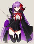  1girl bb_(fate) bb_(fate/extra) black_coat black_skirt boots breasts coat fate/extra fate/extra_ccc fate_(series) gloves high-waist_skirt highres holding holding_wand large_breasts long_hair long_sleeves neck_ribbon open_clothes open_coat popped_collar purple_eyes purple_hair raburi red_ribbon ribbon shirt skirt smile solo thigh_boots very_long_hair wand white_gloves white_shirt 