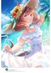  1girl animal_ears blush brown_hair collarbone day dress flower hair_between_eyes hat hat_flower hibiscus highres horse_ears horse_girl horse_tail nice_nature_(umamusume) ocean open_mouth ouri_(aya_pine) palm_leaf palm_tree red_flower red_hair smile solo sun_hat sundress sunflower tail translation_request tree umamusume white_dress white_flower yellow_flower 