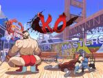  1boy 1girl ass back beard broly_culo_(meme) brown_hair character_print chun-li cross_scar facial_hair fighting_game from_behind full_body grin highres huge_ass k.o. ken_masters looking_at_viewer looking_back lying mature_male meme mohawk muscular muscular_male on_side scar scar_on_arm short_hair smile squatting street_fighter thick_thighs thighs tina_fate topless_male wrestling_outfit zangief 