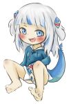  accessory animal_humanoid barefoot blue_highlights blush breasts clothed clothing doneru fangs feet female fish fish_humanoid gawr_gura hair hair_accessory hairpin hi_res highlights_(coloring) hololive hololive_en hoodie humanoid looking_at_viewer marine marine_humanoid multicolored_hair not_furry shark_humanoid simple_background sitting small_breasts smile solo topwear virtual_youtuber vtuber white_hair young 