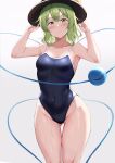  1girl absurdres black_headwear blue_swimsuit breasts collarbone covered_navel eyeball green_eyes green_hair grey_background hat highres komeiji_koishi looking_at_viewer medium_breasts nagomian one-piece_swimsuit short_hair simple_background solo swimsuit third_eye touhou wet wet_clothes wet_swimsuit 