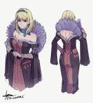  1girl bangs bare_shoulders black_dress blonde_hair blue_choker blue_eyes blue_hairband choker cm_lynarc constance_von_nuvelle dress fire_emblem fire_emblem:_three_houses fire_emblem_warriors:_three_hopes folding_fan gloves grey_background grey_gloves hairband hand_fan highres holding holding_fan long_sleeves looking_at_viewer multiple_views off-shoulder_dress off_shoulder pink_lips short_hair simple_background sketch standing 