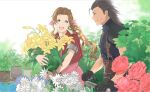  1boy 1girl aerith_gainsborough armor black_hair bracelet braid braided_ponytail brown_hair dress earrings final_fantasy final_fantasy_vii flower garden gloves green_eyes happy holding holding_flower jacket jewelry long_hair looking_at_another open_mouth pink_dress pink_ribbon plant red_jacket ribbon scar scar_on_cheek scar_on_face shillo shoulder_armor sleeveless sleeveless_turtleneck spiked_hair sweater turtleneck turtleneck_sweater zack_fair 