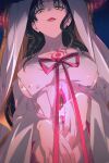  1girl bangs bare_shoulders black_hair breasts chest_tattoo cleavage collarbone dress echo_(circa) facial_mark fate/extra fate/extra_ccc fate_(series) forehead_mark horns large_breasts long_hair long_sleeves looking_at_viewer open_mouth parted_bangs sesshouin_kiara sideboob smile solo tattoo veil very_long_hair wavy_hair white_dress wide_sleeves yellow_eyes 