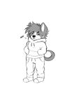  akita anthro bottomwear canid canine canis cheek_tuft chibi clothed clothing domestic_dog facial_tuft footwear front_view hair hand_in_pocket hi_res hoodie kaden_(princelykaden) male mammal messy_hair monochrome pants pockets princelykaden simple_background simple_eyes socks solo spitz standing topwear tuft 
