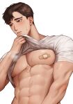  1boy abs bandaid bandaids_on_nipples bara blush brown_eyes brown_hair clothes_lift covered_nipples highres large_pectorals lifted_by_self male_focus muscular muscular_male navel original parted_lips pasties pectorals saen shirt shirt_lift short_hair simple_background solo sweat upper_body white_background white_shirt 