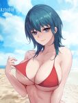  1girl aztodio bangs bare_shoulders beach bikini blue_eyes blue_hair blue_sky blush breasts byleth_(fire_emblem) byleth_(fire_emblem)_(female) cleavage collarbone fire_emblem fire_emblem:_three_houses large_breasts looking_at_viewer medium_hair red_bikini sky smile solo swimsuit 