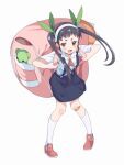  1girl ankle_socks backpack bag bandaid bandaid_on_knee bandaid_on_leg black_hair blush breasts brown_eyes child collared_shirt fang full_body hachikuji_mayoi hair_ribbon hairband knees_together_feet_apart leaning_forward looking_at_viewer marudeningen mascot monogatari_(series) neck_ribbon open_mouth red_footwear ribbon shirt short_eyebrows short_sleeves skin_fang skirt small_breasts socks solo standing suspender_skirt suspenders twintails white_background white_shirt 