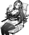  1girl azur_lane azur_lane:_slow_ahead blush breasts chkalov_(azur_lane) choker cleavage gloves greyscale hand_fan highres holding holding_fan hori_(hori_no_su) long_hair monochrome official_art on_chair pantyhose shirt striped striped_shirt sweat vertical-striped_shirt vertical_stripes 