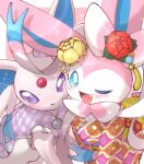  ;d blush buttons clothed_pokemon commentary_request espeon fang flower no_humans one_eye_closed open_mouth pokemon pokemon_(creature) pokemon_(game) pokemon_unite purple_eyes red_flower smile sylveon tongue yuui_art 