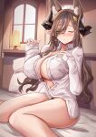  1girl animal_ear_fluff animal_ears bare_legs bed_sheet black_panties blue_hair blush breasts brown_hair cleavage closed_eyes collared_shirt eyes_visible_through_hair galleon_(granblue_fantasy) granblue_fantasy hair_between_eyes highres himuro_shunsuke horns huge_breasts lamp long_hair long_sleeves multicolored_hair navel on_bed panties parted_lips partially_unbuttoned pillow pointy_ears shirt sitting solo streaked_hair underwear wariza white_headdress white_shirt window 