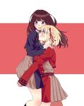  2girls 6tsu_ko blonde_hair blue_jacket blush brown_hair carrying carrying_person hands_on_another&#039;s_shoulders highres inoue_takina jacket letterboxed long_hair lycoris_recoil multiple_girls nishikigi_chisato open_mouth purple_eyes red_background red_eyes red_jacket red_ribbon ribbon school_uniform short_hair smile sweatdrop 
