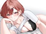  1girl 1z10 ;| black_bra blush bottomless bra breasts brown_hair cleavage clothes_lift collarbone hand_on_own_cheek hand_on_own_face higuchi_madoka idolmaster idolmaster_shiny_colors looking_at_viewer lying medium_breasts mole mole_under_eye on_side red_eyes shirt shirt_lift simple_background solo underwear white_shirt 