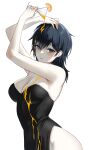  1girl absurdres armpits arms_up bangs bare_arms bare_shoulders black_dress black_hair blue_eyes blush borrowed_character breasts cleavage commentary_request cowboy_shot cup dress food fruit hand_on_own_head highres holding holding_cup large_breasts lillly looking_at_viewer medium_breasts medium_hair orange_(fruit) orange_slice original pale_skin parted_lips pouring pouring_onto_self side_slit sleeveless sleeveless_dress solo standing teeth yokoyama_ishimi 