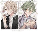  2boys bishounen blonde_hair bracelet collared_shirt daisy feathers flower green_hair hair_between_eyes holding holding_flower idolish_7 isumi_haruka jacket jewelry long_sleeves looking_at_viewer male_focus motsu_(sararia) multiple_boys natsume_minami red_eyes shirt short_hair smile white_feathers yellow_eyes 