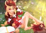  1girl absurdres ahoge backpack bag bag_charm bangs barefoot bloomers book brown_gloves brown_scarf cabbie_hat charm_(object) clover_print coat commentary_request dodoco_(genshin_impact) flower genshin_impact gloves grass hair_between_eyes hat hat_feather hat_ornament highres jumpy_dumpty klee_(genshin_impact) light_brown_hair long_hair long_sleeves looking_at_viewer low_twintails muyuchengfengyh pocket pointy_ears randoseru red_coat red_eyes red_headwear scarf sidelocks sitting soles solo sunlight toes twintails underwear 