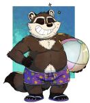  2022 anthro ball belly brown_body bulge clothing eyes_closed footwear guaxraccoon humanoid_hands male mammal moobs overweight overweight_male procyonid raccoon sandals solo 