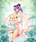  2girls arm_strap bare_shoulders blonde_hair blush breasts cleavage closed_mouth food fruit full_body hair_intakes hair_ornament highres innertube lemon long_hair looking_at_viewer multiple_girls obiwan one-piece_swimsuit original parted_lips purple_eyes purple_hair red_eyes signature smile standing swimsuit thigh_strap thighs weisuoxin white_swimsuit 