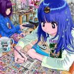  2girls ace_akira bangs blue_hair blue_shirt blunt_bangs bob_cut cable closed_mouth computer controller cup_ramen drawing_tablet empty_eyes freckles heart_on_cheek holding holding_remote_control indoors jaggy_lines jewelry keyboard_(computer) long_hair medium_hair mouse_(computer) multiple_girls original purple_eyes purple_hair rain remote_control ring shirt sticker stuffed_toy white_shirt writing 