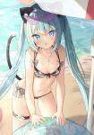  1girl :o animal_ear_fluff animal_ears bangs beach beach_umbrella bikini blue_eyes blue_hair blue_nails breasts cat_ears cat_girl cat_tail collarbone commentary_request day fang front-tie_bikini front-tie_top grey_bikini hair_between_eyes highres innertube jewelry long_hair looking_at_viewer nail_polish navel necklace original outdoors parted_lips pearl_necklace pendant plaid plaid_bikini saeki_sora sand small_breasts solo swimsuit tail tail_raised transparent twintails umbrella very_long_hair water 