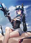  1girl accelerator_rye arknights bangs bare_legs baseball_cap beach black_jacket blue_hair blue_sky breasts ch&#039;en_(arknights) ch&#039;en_the_holungday_(arknights) cleavage cloud crossed_legs day dragon_girl dragon_horns dragon_tail eyewear_on_head feet_out_of_frame gun hair_between_eyes hat holding holding_gun holding_weapon horns horns_through_headwear jacket large_breasts long_hair long_sleeves miniskirt on_ground outdoors parted_lips red_eyes sand sitting skirt sky solo sunglasses tail tail_through_clothes trigger_discipline weapon white_headwear white_skirt 