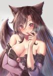  1girl animal_ears bare_shoulders breasts brooch brown_hair cleavage dress grey_background imaizumi_kagerou jewelry large_breasts long_hair long_sleeves nail_polish off_shoulder onomiya red_eyes red_nails solo sweat touhou wolf_ears 