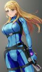  1girl amayo_thranana bangs blonde_hair blue_bodysuit bodysuit breasts gradient gradient_background green_eyes highres holding holding_weapon lips long_hair long_sleeves looking_at_viewer medium_breasts metroid mole mole_under_mouth paralyzer samus_aran shiny shiny_hair simple_background skin_tight solo trigger_discipline turtleneck weapon 