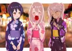  3girls bangs black_hair blush breasts brown_eyes chloe_von_einzbern dark-skinned_female dark_skin fate/kaleid_liner_prisma_illya fate_(series) hair_between_eyes hair_ornament hairclip illyasviel_von_einzbern long_hair miyu_edelfelt multiple_girls open_mouth orange_eyes pan_korokorosuke pink_hair red_eyes sidelocks small_breasts smile white_hair 