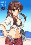  1girl absurdres abyssal_ship artist_logo bangs beach bikini bikini_top_only bikini_under_clothes black_bikini blue_sky braid breasts brown_hair cleavage cowboy_shot dated day enemy_naval_mine_(kancolle) gradient_sky green_eyes highres horizon kantai_collection large_breasts noshiro_(kancolle) ocean official_alternate_costume one-hour_drawing_challenge outdoors red_shorts shirt shizuwaza shorts sky swept_bangs swimsuit swimsuit_under_clothes teeth tentacles tied_shirt twin_braids 