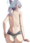  1girl absurdres animal_ear_fluff animal_ears ass bare_back blue_archive blue_eyes blush clothes_pull from_behind grey_hair halo highres invisible_chair looking_at_viewer looking_back medium_hair one-piece_swimsuit parted_lips ponytail shiroko_(blue_archive) shiroko_(swimsuit)_(blue_archive) simple_background sitting solo sweatdrop swimsuit swimsuit_pull topless white_background yoru_(0_0yoru) 