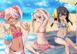  3girls :d ;) arm_up armpits bangs bare_legs barefoot beach bikini black_hair blanket blue_bikini blue_sky blush braid breasts brown_eyes chloe_von_einzbern cloud cup dark-skinned_female dark_skin day drinking_glass drinking_straw fate/kaleid_liner_prisma_illya fate_(series) goggles goggles_on_head grin hair_between_eyes hair_ornament hair_scrunchie hairclip highres illyasviel_von_einzbern long_hair looking_at_viewer miyu_edelfelt morokoshi_(tekku) multiple_girls navel one_eye_closed open_mouth orange_eyes outdoors pink_bikini pink_hair red_eyes scrunchie sidelocks sitting sky small_breasts smile swimsuit towel twin_braids twintails white_hair 