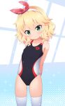  1girl arms_behind_back black_swimsuit blonde_hair commentary_request competition_swimsuit covered_navel cowboy_shot flat_chest green_eyes hairband highres idolmaster idolmaster_cinderella_girls looking_at_viewer multicolored_clothes multicolored_swimsuit one-piece_swimsuit sakurai_momoka short_hair smile solo swimsuit wavy_hair yuuma_(skirthike) 