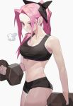  1girl =3 absurdres bare_arms bare_shoulders black_bow black_shorts bow breasts cai_bi character_request cleavage commentary_request copyright_request cowboy_shot crop_top dumbbell forehead grey_background hair_bow highres long_hair medium_breasts midriff navel pink_eyes pink_hair ponytail short_shorts shorts sidelocks simple_background solo sports_bra standing stomach thighs 