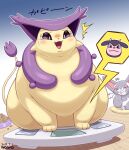  2019 ambiguous_gender blush bodily_fluids dated delcatty duo fat_rolls feral food happy nawa nintendo obese obese_feral overweight overweight_feral pok&eacute;mon pok&eacute;mon_(species) purugly shocked sitting smug tears video_games weighing_scale weight_gain 