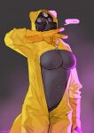  &lt;3 ... 2022 anthro bebebebebe biped black_body black_fur black_nipples bodily_fluids breasts clothing digital_media_(artwork) female fur gas_mask gloves grey_background handwear hazmat_suit hi_res mammal mask mephitid multicolored_body multicolored_fur navel nipples simple_background skunk solo sweat sweaty_breasts two_tone_body two_tone_fur unzipped_bodysuit unzipping white_body white_fur 