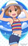  1girl absurdres armpits bangs blue_shorts blue_sky blush brown_eyes brown_hair clenched_hands cloud collarbone commentary_request cowboy_shot dated denim denim_shorts dot_nose flat_chest hair_ornament hairclip hands_up happy_birthday hat highres idolmaster idolmaster_cinderella_girls looking_at_viewer midriff multicolored_shirt navel ocean open polka_dot polka_dot_background ryuzaki_kaoru short_hair shorts simple_background sky smile solo tank_top teeth thick_eyebrows thighs upper_teeth white_headwear yama_tatsuo 
