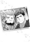  2boys abs alternate_costume animal_ears arsalan_(housamo) bara black_hair couple facial_hair feet_out_of_frame flaming_halo furry furry_male furry_with_non-furry greyscale hawaiian_shirt highres interspecies light_particles lion_boy lion_ears looking_at_viewer male_focus mature_male monochrome multicolored_hair multiple_boys photo_(object) shirt short_hair sideburns smile spiked_hair stubble tokyo_afterschool_summoners two-tone_hair underwear vacation veins wafu_(youzora_samo18) whiskers yaoi zabaniyya_(housamo) 
