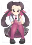  1girl bow brown_hair closed_mouth dress forehead full_body grey_dress hair_bow hair_pulled_back hair_ribbon highres long_hair looking_at_viewer necktie pantyhose pink_pantyhose pokemon pokemon_(game) pokemon_oras red_eyes ribbon roxanne_(pokemon) smile solo thighhighs twintails ueshita very_long_hair 
