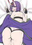  1girl ass ass_focus back bangs bare_shoulders bed blush bob_cut bridal_gauntlets commentary cowboy_shot eyeliner fangs fate/grand_order fate_(series) from_behind headpiece highres horns huge_ass japanese_clothes kimono lc_7v2 looking_at_viewer looking_back lying makeup on_stomach oni oni_horns open_clothes open_kimono open_mouth purple_eyes purple_hair purple_kimono pussy_juice revealing_clothes sheet_grab short_eyebrows short_hair shuten_douji_(fate) skin-covered_horns smile solo sweat thick_thighs thighs thong wide_hips 