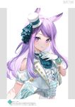  1girl animal_ears border brand-new_friend_(umamusume) center_frills choker closed_mouth clothing_cutout corset cropped_jacket flat_chest frills gloves hand_on_own_chest hat highres horse_ears long_hair looking_to_the_side mejiro_mcqueen_(end_of_sky)_(umamusume) mejiro_mcqueen_(umamusume) mini_hat mini_top_hat official_alternate_costume ouri_(aya_pine) outside_border purple_eyes purple_hair shirt short_sleeves shoulder_cutout smile solo top_hat translation_request umamusume upper_body white_border white_gloves white_headwear white_shirt 