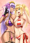  2girls akitsuki_karasu bangs bb_(fate) bb_(swimsuit_mooncancer)_(fate) bb_(swimsuit_mooncancer)_(second_ascension)_(fate) bikini black_gloves blonde_hair blush breasts commentary_request docking fate/grand_order fate_(series) gloves green_eyes hair_ornament large_breasts long_hair multiple_girls navel nero_claudius_(fate) nero_claudius_(swimsuit_caster)_(fate) open_mouth parted_lips purple_bikini purple_eyes purple_hair sideboob smile striped striped_bikini swimsuit teeth twintails 